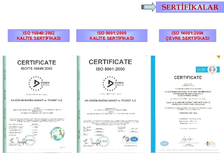 SERTİFİKALAR ISO 16949: 2002 KALİTE SERTİFİKASI ISO 9001: 2000 KALİTE SERTİFİKASI ISO 14001: 2004