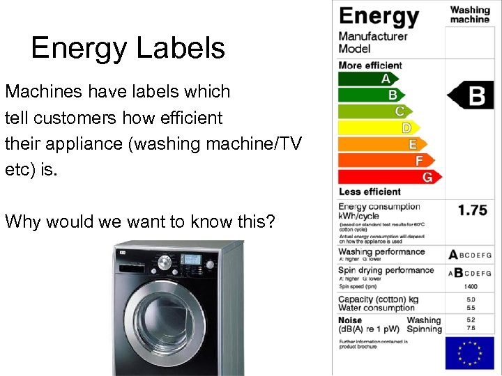 Energy Labels Machines have labels which tell customers how efficient their appliance (washing machine/TV