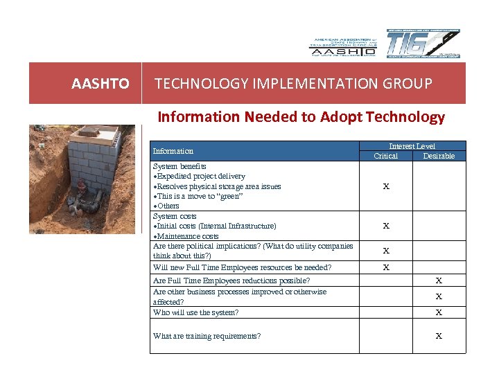 AASHTO TECHNOLOGY IMPLEMENTATION GROUP Information Needed to Adopt Technology Information System benefits Expedited project