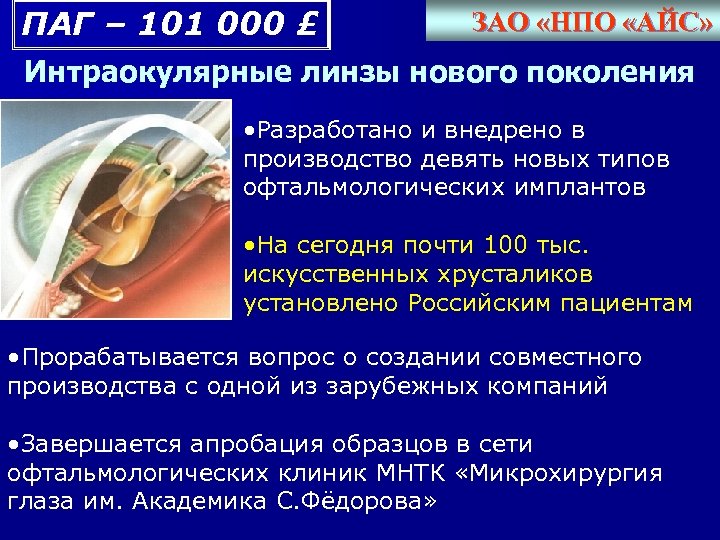 ПАГ – 101 000 £ ЗАО «НПО «АЙС» Интраокулярные линзы нового поколения • Разработано