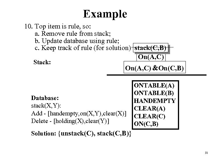 Example 10. Top item is rule, so: a. Remove rule from stack; b. Update