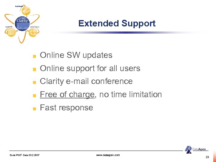 Extended Support Online SW updates Online support for all users Clarity e-mail conference Free