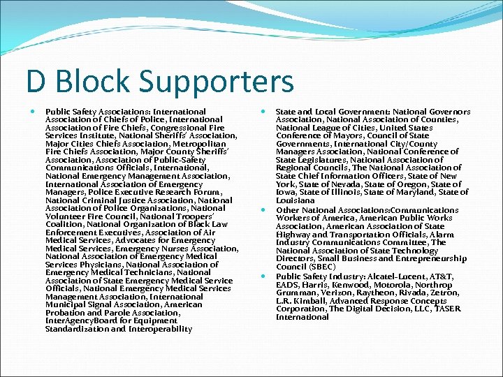 D Block Supporters Public Safety Associations: International Association of Chiefs of Police, International Association