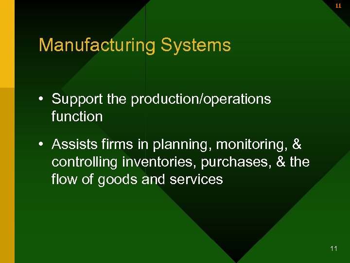 11 Manufacturing Systems • Support the production/operations function • Assists firms in planning, monitoring,