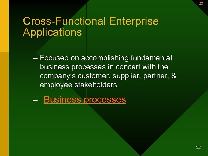32 Cross-Functional Enterprise Applications – Focused on accomplishing fundamental business processes in concert with