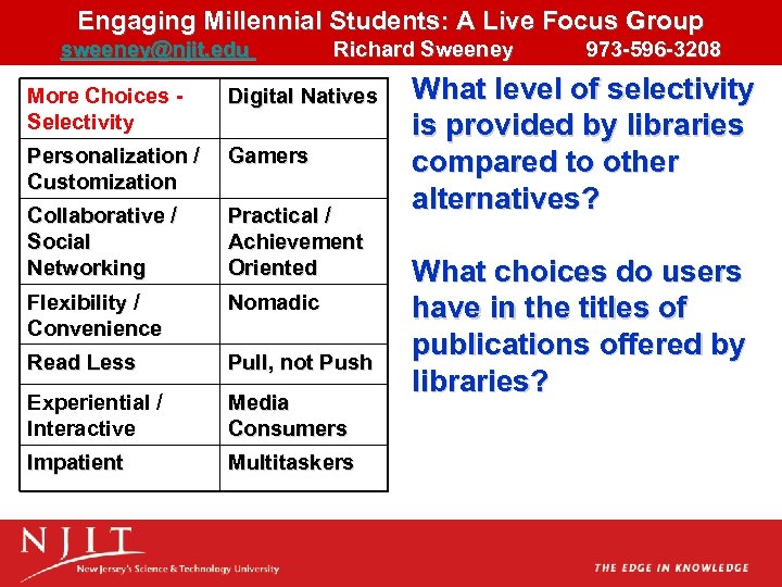 Engaging Millennial Students: A Live Focus Group sweeney@njit. edu Richard Sweeney 973 -596 -3208
