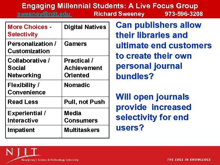 Engaging Millennial Students: A Live Focus Group sweeney@njit. edu Richard Sweeney 973 -596 -3208