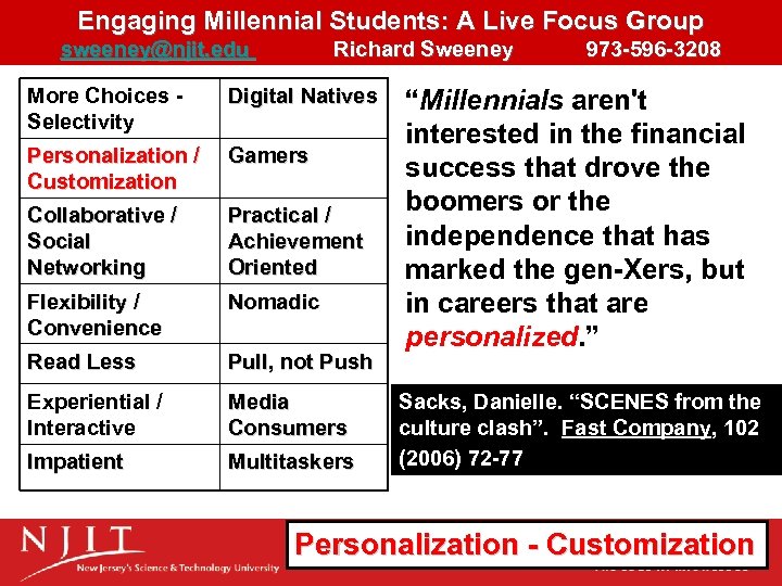 Engaging Millennial Students: A Live Focus Group sweeney@njit. edu Richard Sweeney 973 -596 -3208
