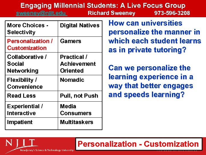 Engaging Millennial Students: A Live Focus Group sweeney@njit. edu Richard Sweeney 973 -596 -3208