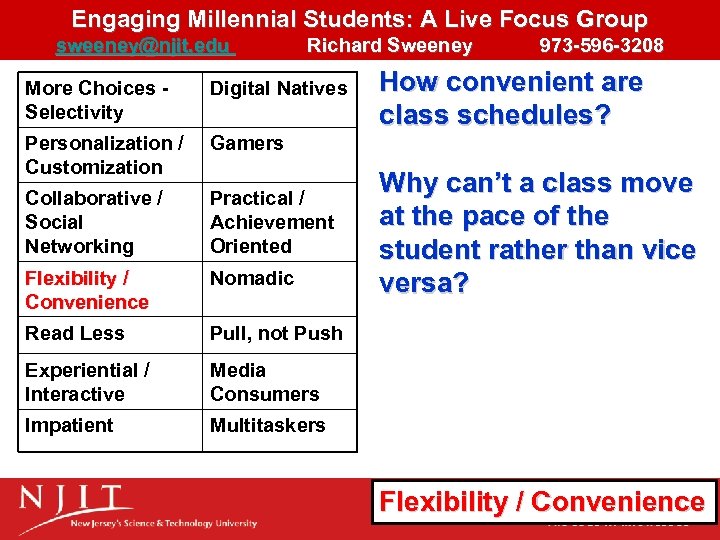 Engaging Millennial Students: A Live Focus Group sweeney@njit. edu Richard Sweeney 973 -596 -3208