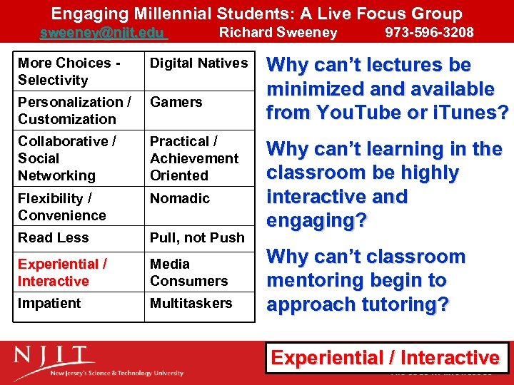 Engaging Millennial Students: A Live Focus Group sweeney@njit. edu Richard Sweeney 973 -596 -3208