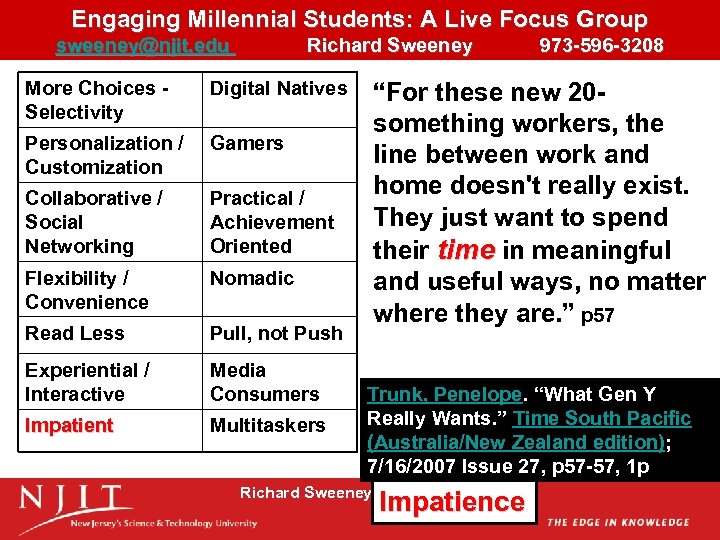 Engaging Millennial Students: A Live Focus Group sweeney@njit. edu Richard Sweeney 973 -596 -3208