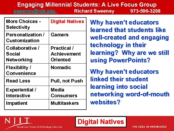 Engaging Millennial Students: A Live Focus Group sweeney@njit. edu Richard Sweeney 973 -596 -3208