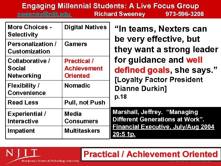 Engaging Millennial Students: A Live Focus Group sweeney@njit. edu Richard Sweeney 973 -596 -3208