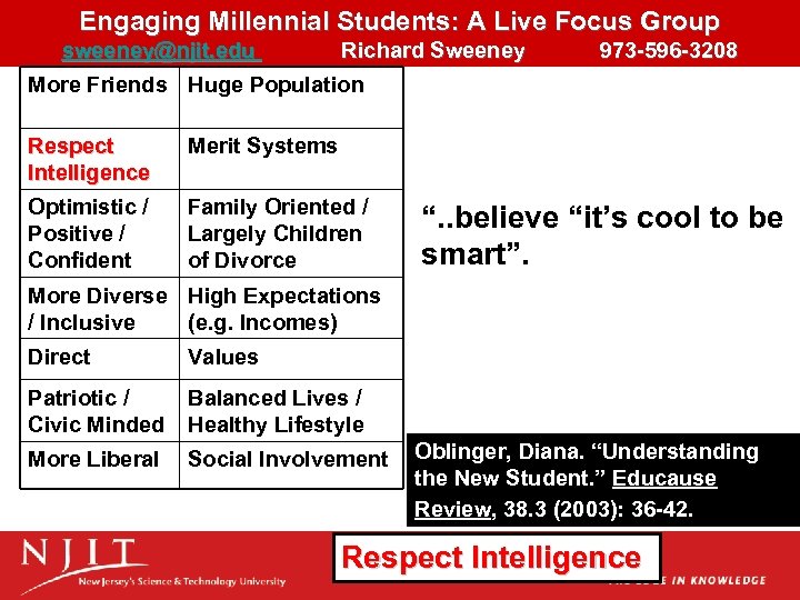Engaging Millennial Students: A Live Focus Group sweeney@njit. edu Richard Sweeney 973 -596 -3208