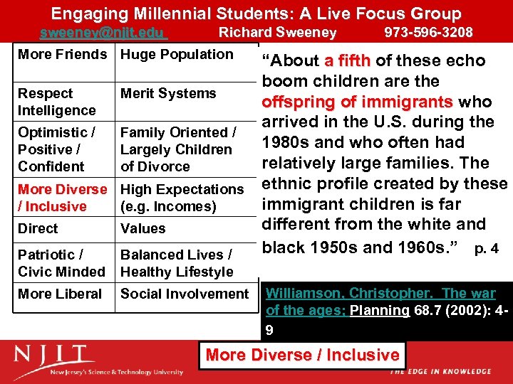 Engaging Millennial Students: A Live Focus Group sweeney@njit. edu Richard Sweeney 973 -596 -3208