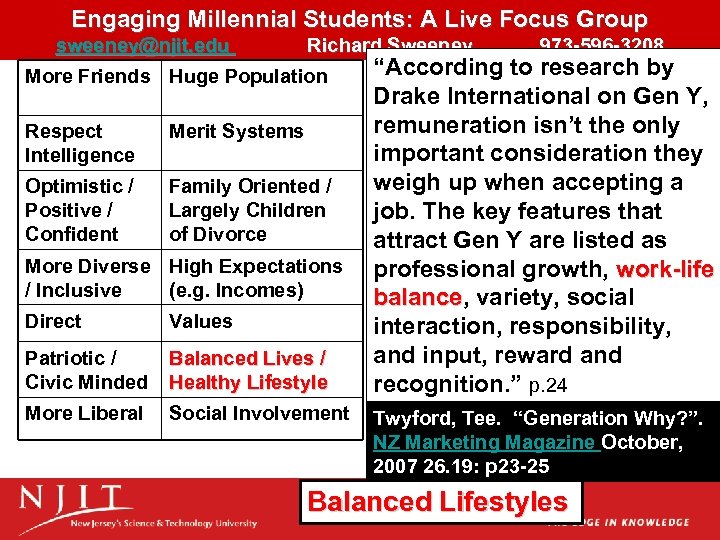 Engaging Millennial Students: A Live Focus Group sweeney@njit. edu Richard Sweeney 973 -596 -3208