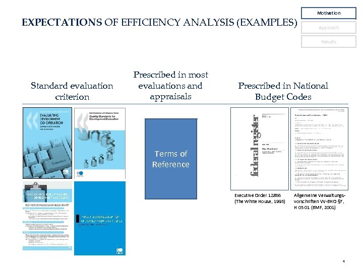 EXPECTATIONS OF EFFICIENCY ANALYSIS (EXAMPLES) Motivation Approach Results Standard evaluation criterion Prescribed in most