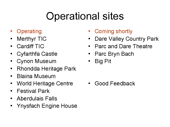 Operational sites • • • Operating Merthyr TIC Cardiff TIC Cyfarthfa Castle Cynon Museum