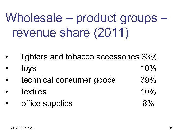 Wholesale – product groups – revenue share (2011) • • • lighters and tobacco