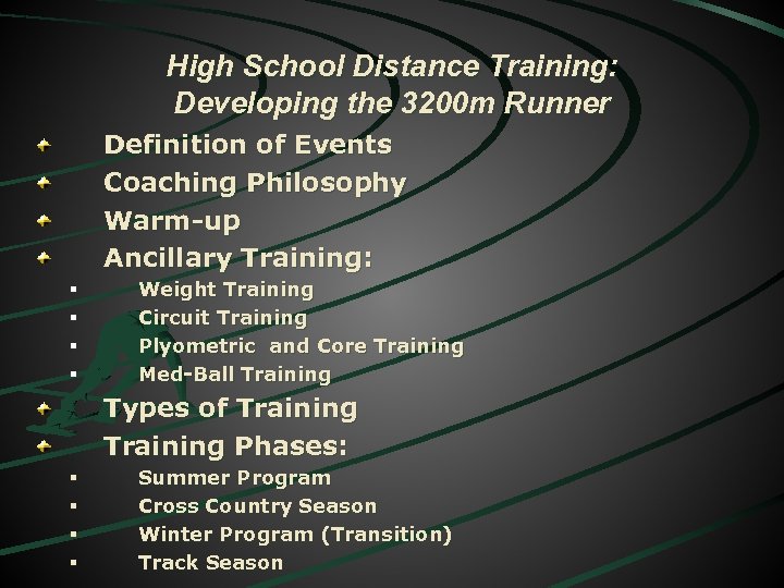 High School Distance Training: Developing the 3200 m Runner Definition of Events Coaching Philosophy