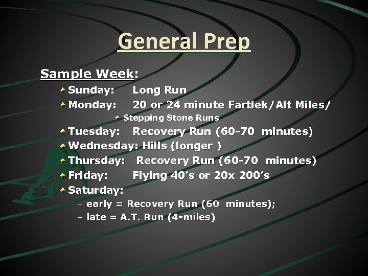 General Prep Sample Week: Sunday: Monday: Long Run 20 or 24 minute Fartlek/Alt Miles/