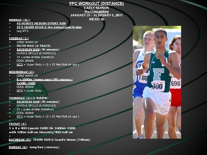 FPC WORKOUT (DISTANCE) EARLY SEASON Pre-Competitive JANUARY 31 – FEBRUARY 6, 2011 MICRO 10