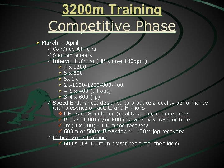 3200 m Training Competitive Phase March – April ü Continue AT runs ü Shorter