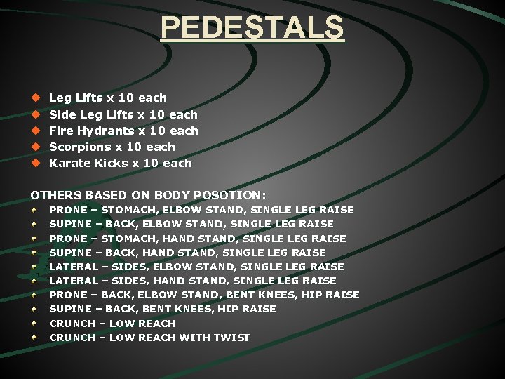 PEDESTALS u u u Leg Lifts x 10 each Side Leg Lifts x 10