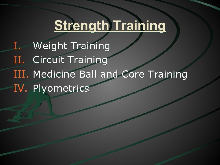 Strength Training I. III. IV. Weight Training Circuit Training Medicine Ball and Core Training