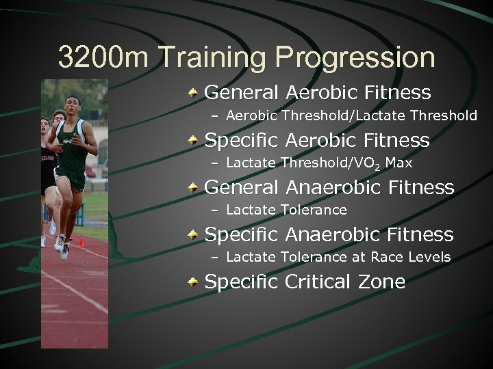 3200 m Training Progression General Aerobic Fitness – Aerobic Threshold/Lactate Threshold Specific Aerobic Fitness