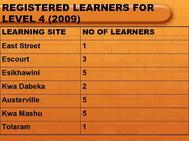 REGISTERED LEARNERS FOR LEVEL 4 (2009) LEARNING SITE NO OF LEARNERS East Street 1