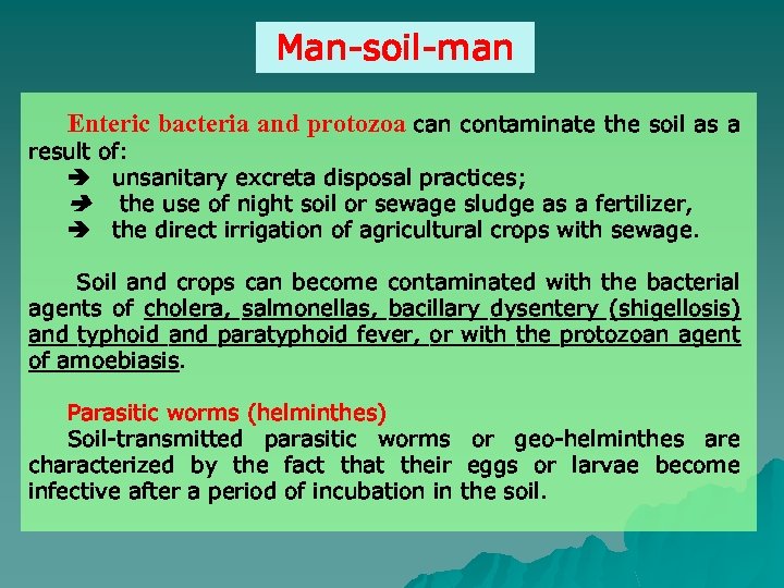 Man-soil-man Enteric bacteria and protozoa can contaminate the soil as a result of: unsanitary