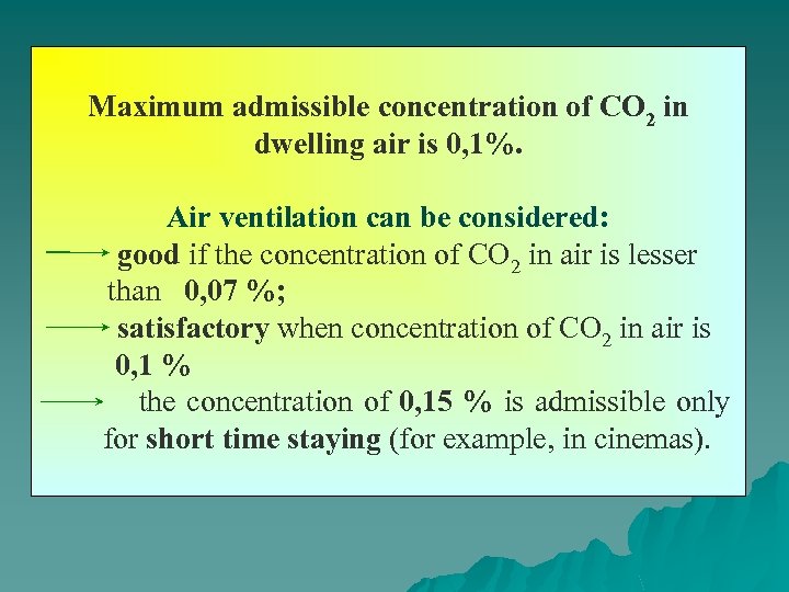  Maximum admissible concentration of СО 2 in dwelling air is 0, 1%. Air