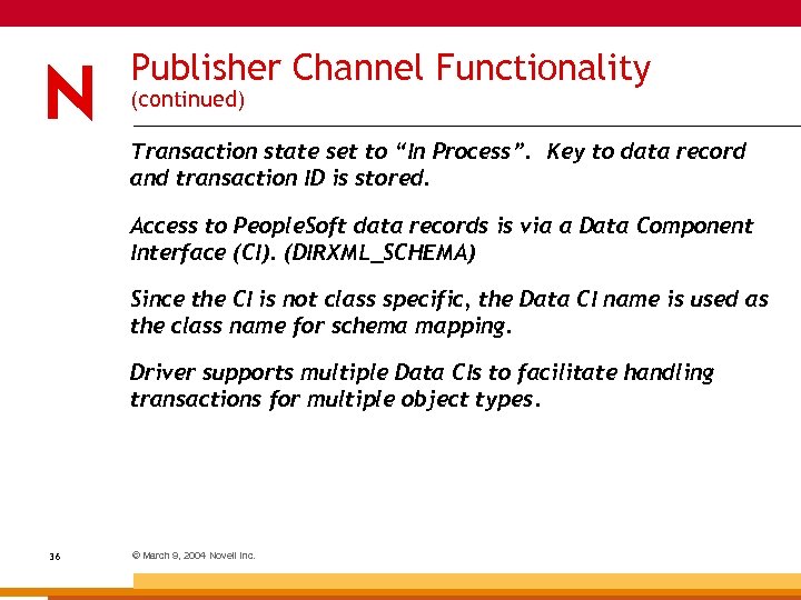 Publisher Channel Functionality (continued) Transaction state set to “In Process”. Key to data record
