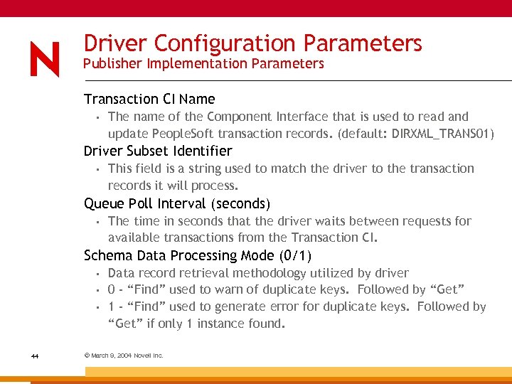 Driver Configuration Parameters Publisher Implementation Parameters Transaction CI Name • The name of the