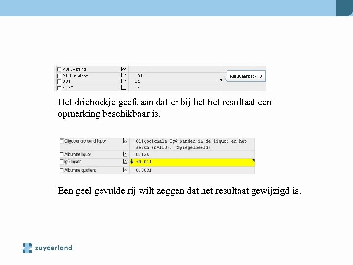 Het driehoekje geeft aan dat er bij het resultaat een opmerking beschikbaar is. Een