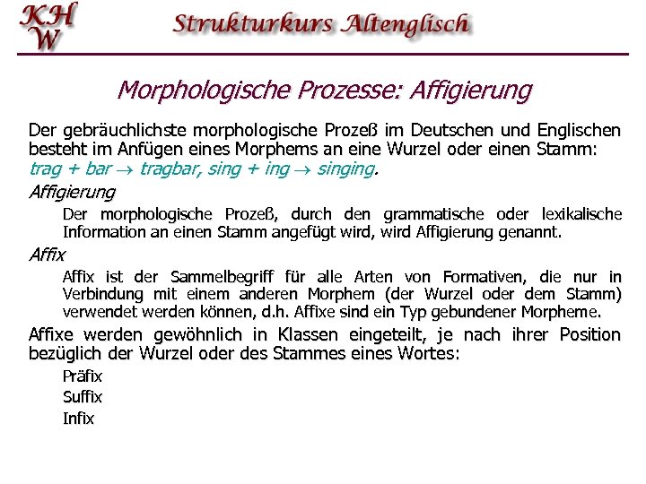 Morphologische Prozesse: Affigierung Der gebräuchlichste morphologische Prozeß im Deutschen und Englischen besteht im Anfügen