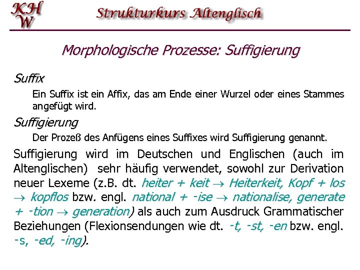Morphologische Prozesse: Suffigierung Suffix Ein Suffix ist ein Affix, das am Ende einer Wurzel