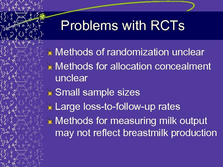 Problems with RCTs Methods of randomization unclear Methods for allocation concealment unclear Small sample