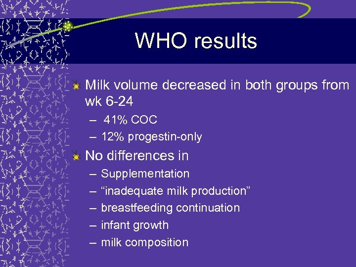 WHO results Milk volume decreased in both groups from wk 6 -24 – 41%