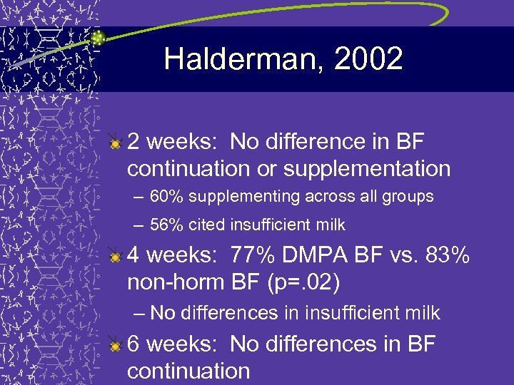 Halderman, 2002 2 weeks: No difference in BF continuation or supplementation – 60% supplementing