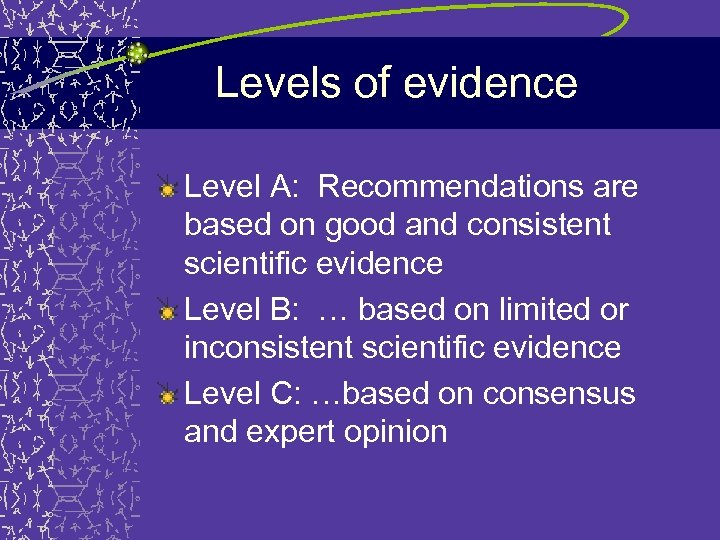 Levels of evidence Level A: Recommendations are based on good and consistent scientific evidence