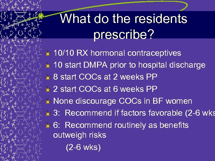 What do the residents prescribe? 10/10 RX hormonal contraceptives 10 start DMPA prior to