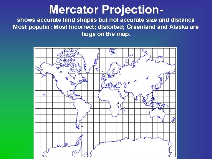 Mercator Projectionshows accurate land shapes but not accurate size and distance Most popular; Most