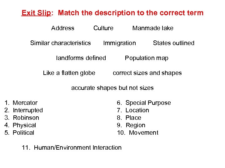 Exit Slip: Match the description to the correct term Address Culture Similar characteristics Manmade