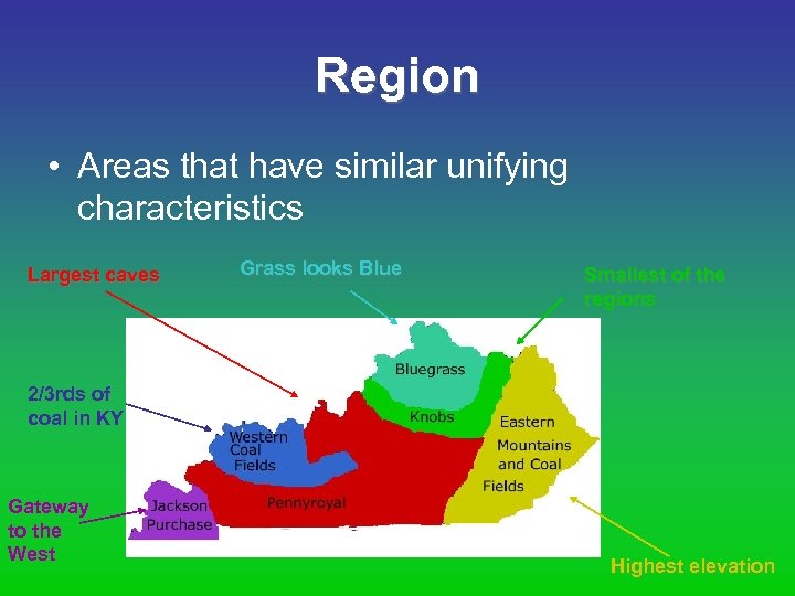 Region • Areas that have similar unifying characteristics Largest caves Grass looks Blue Smallest