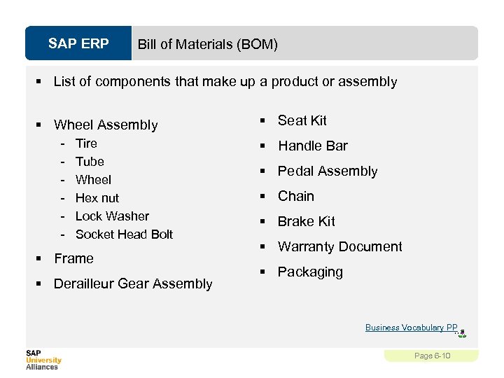 SAP ERP Bill of Materials (BOM) § List of components that make up a