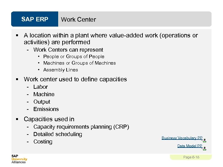 SAP ERP Work Center § A location within a plant where value-added work (operations