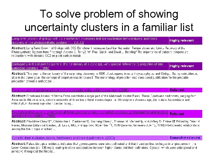 To solve problem of showing uncertainty clusters in a familiar list 